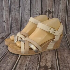 Sz 40 / 9-9.5 Aetrex Noelle Cream Tan Metallic Leather Wedge Comfort Sandals